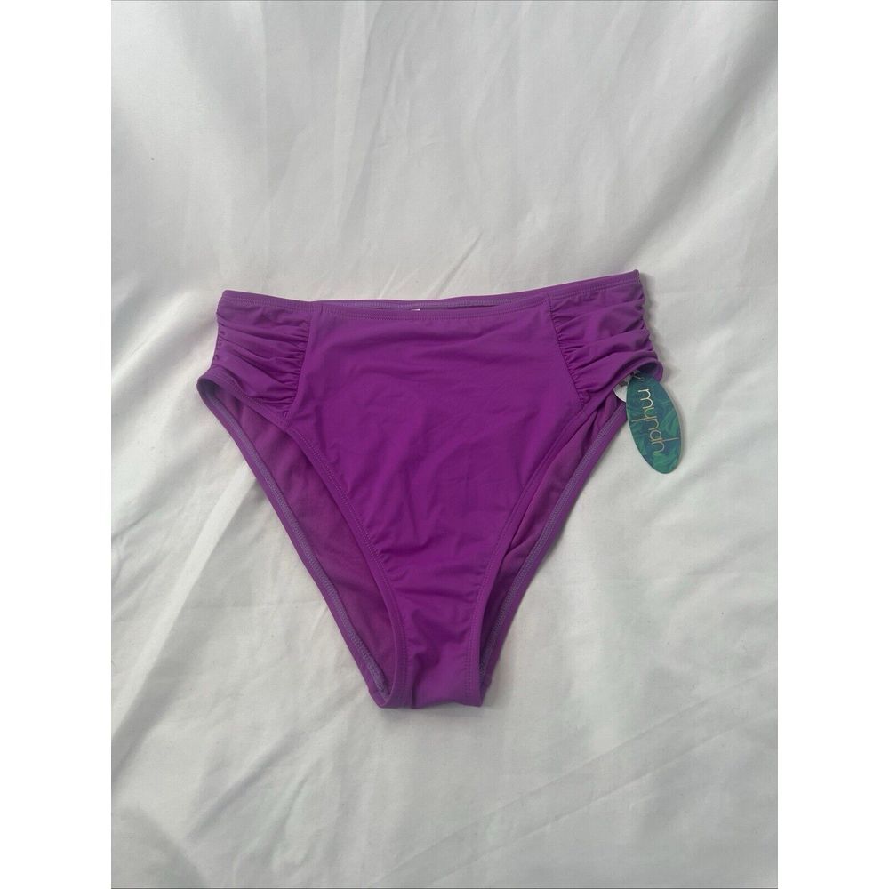 Mynah Women's L Purple Orchid High Rise Cheeky Swimsuit Bottom Ruched Sides